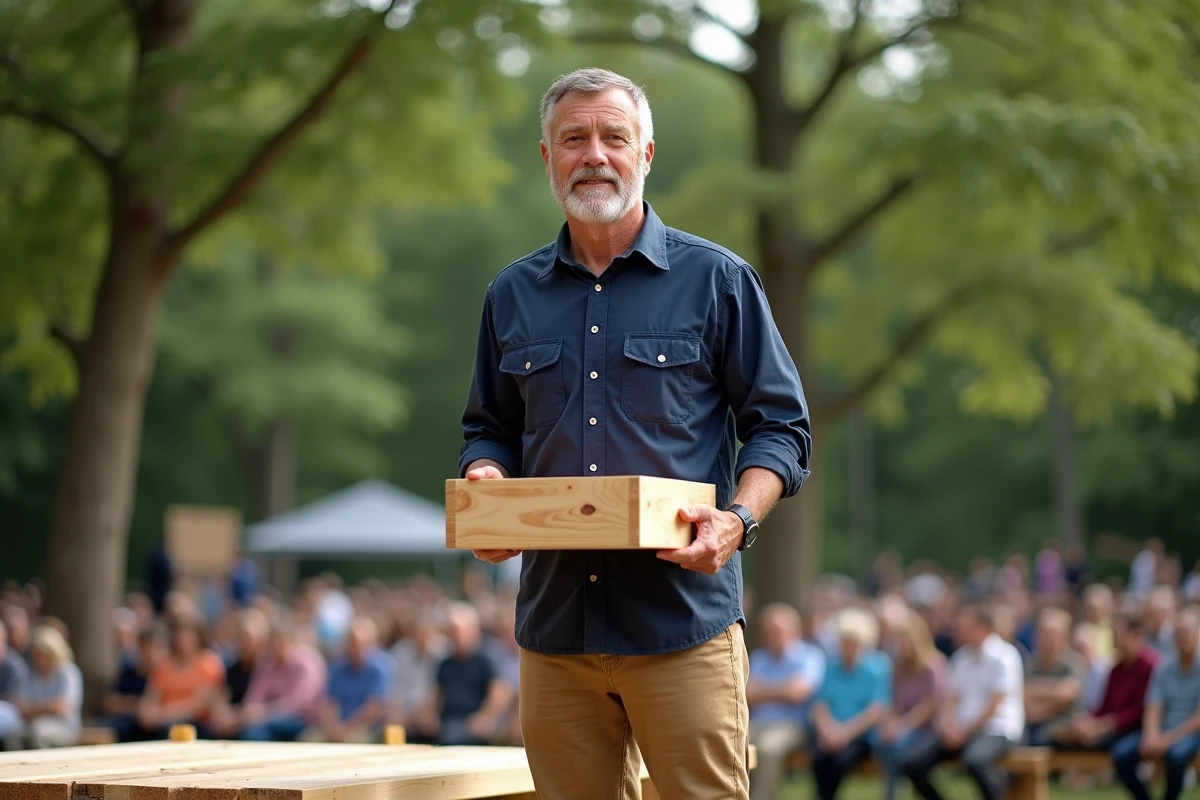 Homme présentant son projet de bois en extérieur lors d