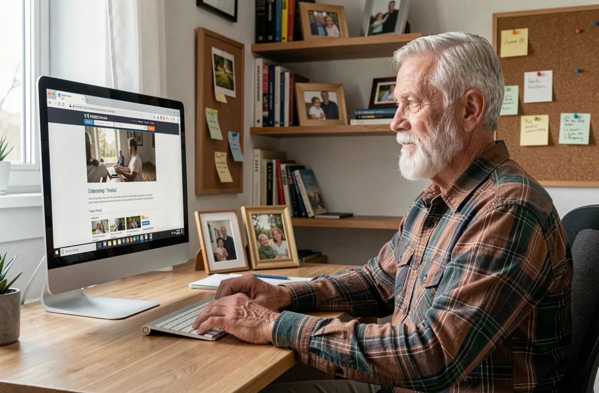 Un homme senior barbu consulte des ressources numériques pour seniors sur un ordinateur de bureau dans un bureau à domicile bien organisé