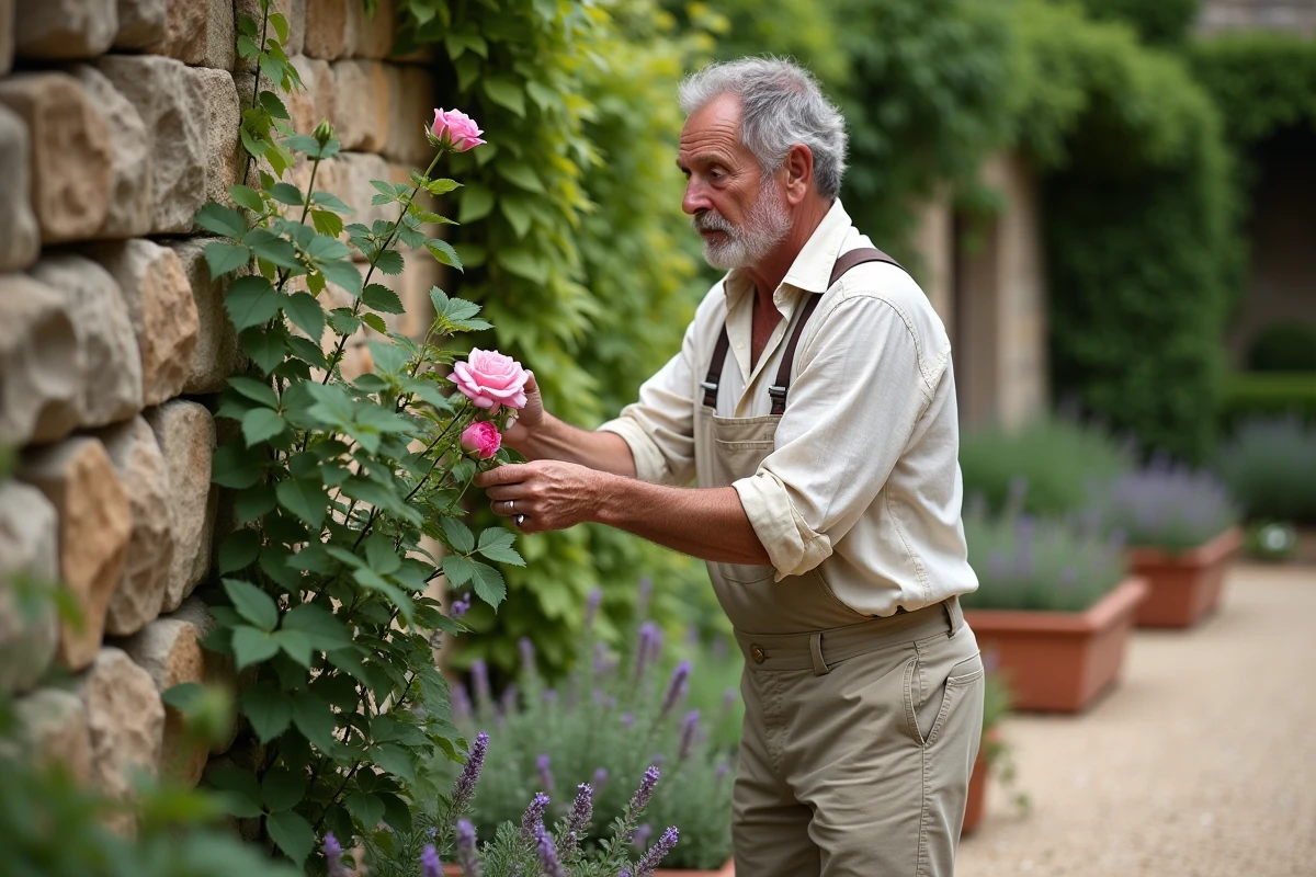 Homme taillant des rosiers dans un jardin de style campagne française avec mur en pierre et lavande