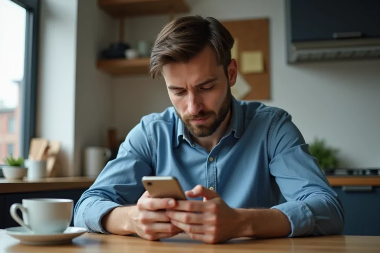 Homme en cuisine utilisant son smartphone avec concentration