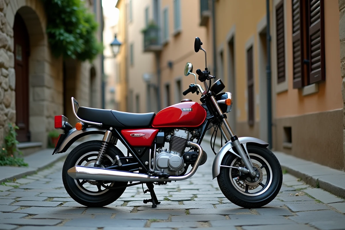 Honda Dax rouge et noir garé sur des pavés dans une ruelle de vieille ville européenne, vue d'ensemble atmosphérique