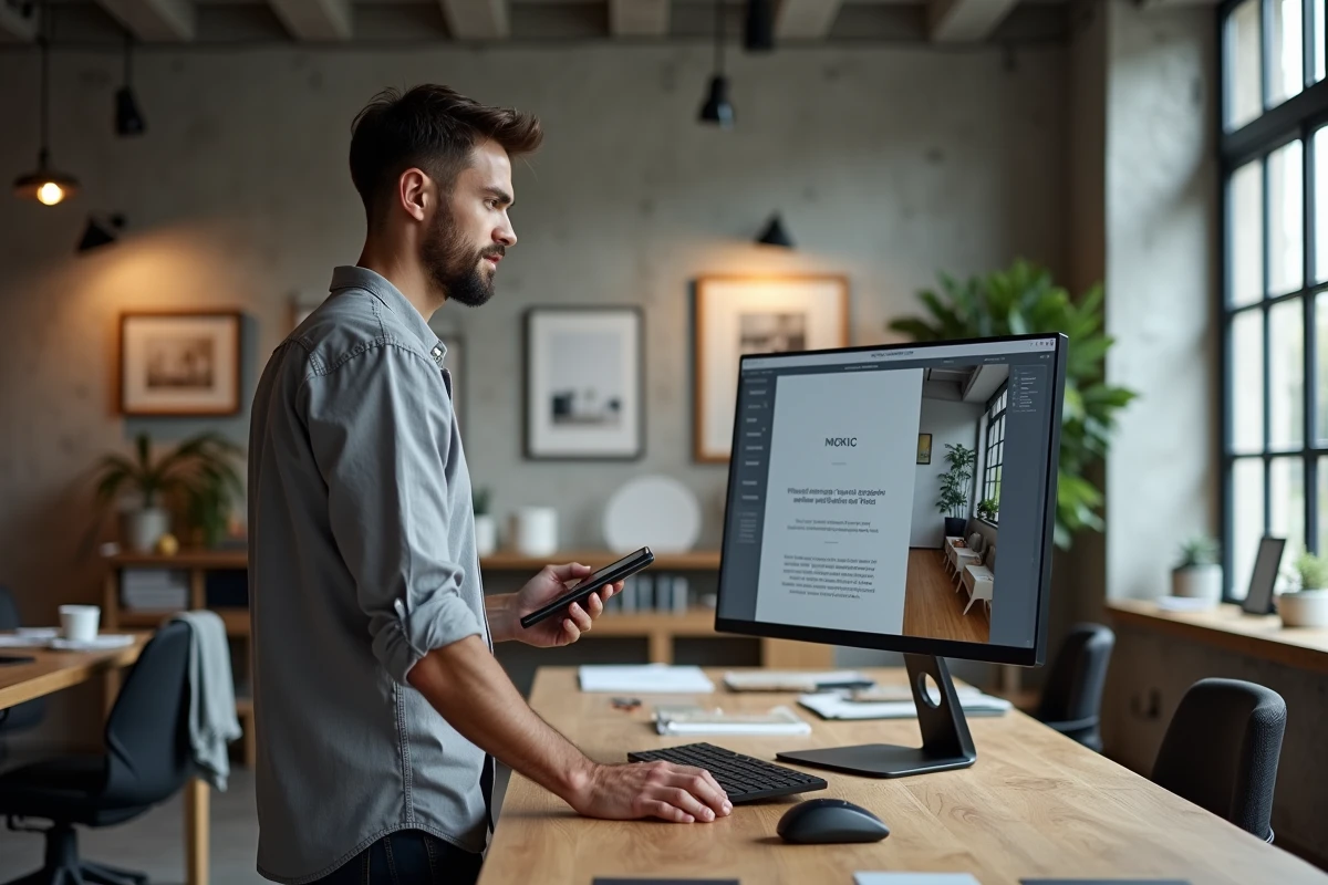 Designer consultant les informations légales et mentions obligatoires d'un site de belle décoration sur un grand écran dans un studio créatif