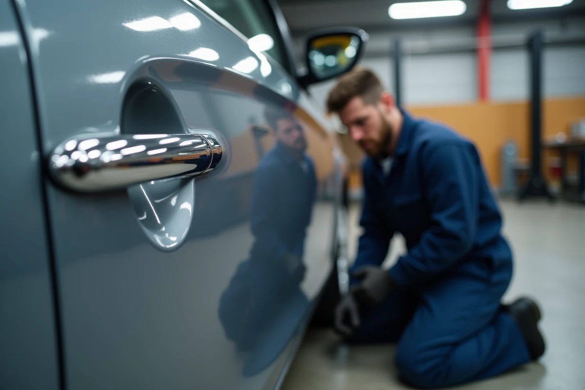 Mécanicien installant un dispositif antivol sur une Opel Corsa dans un atelier automobile