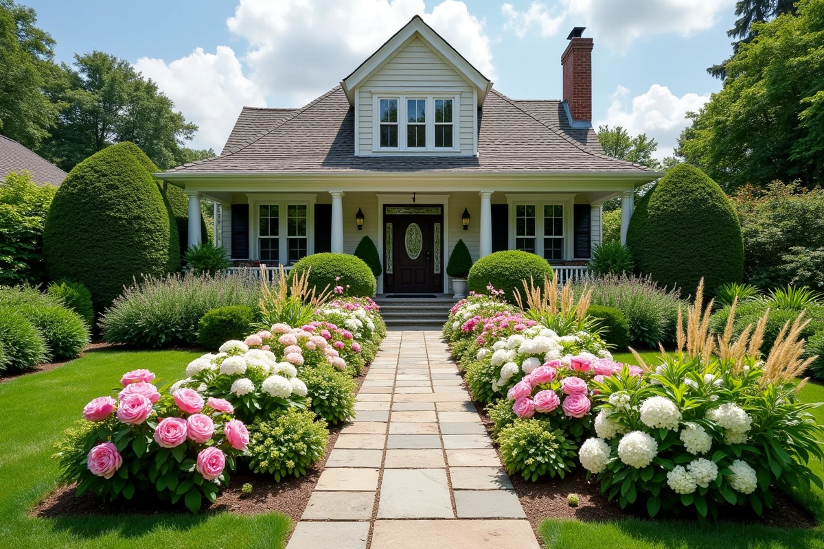 Jardin de façade résidentiel en pleine floraison avec bordures de pivoines, hortensias et allée en pierre