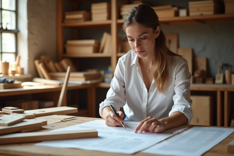 Jeune femme en atelier de bois en train de revoir des plans