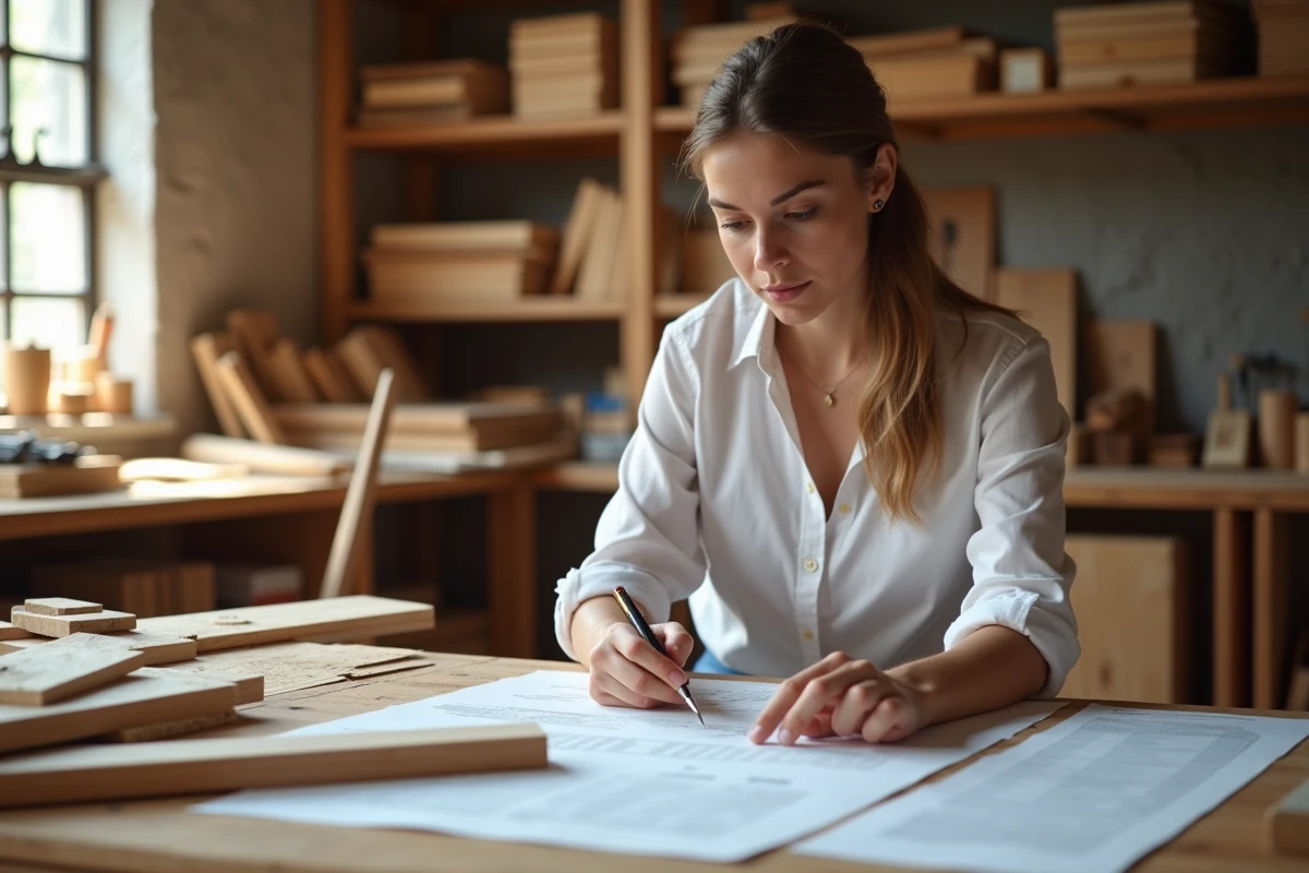 Jeune femme en atelier de bois en train de revoir des plans