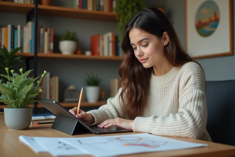 Jeune femme créative esquissant sur une tablette dans un bureau cosy