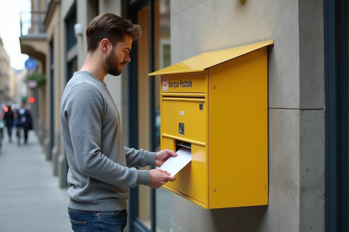 Jeune homme postant une lettre dans une boîte aux lettres Banque Postale