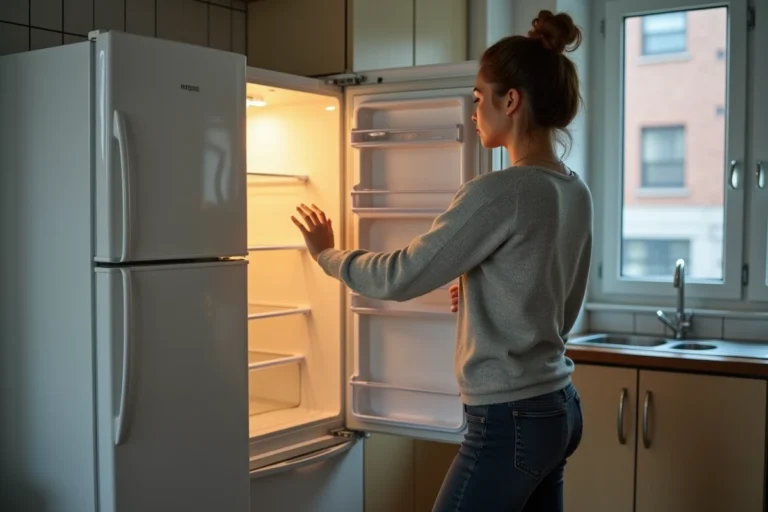 Locataire d'un appartement non meublé inspectant un réfrigérateur en panne dans la cuisine