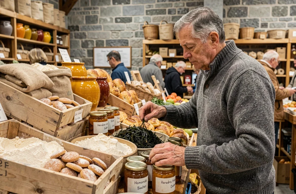 Étal de marché breton avec produits locaux artisanaux et vendeur en pull de laine grise