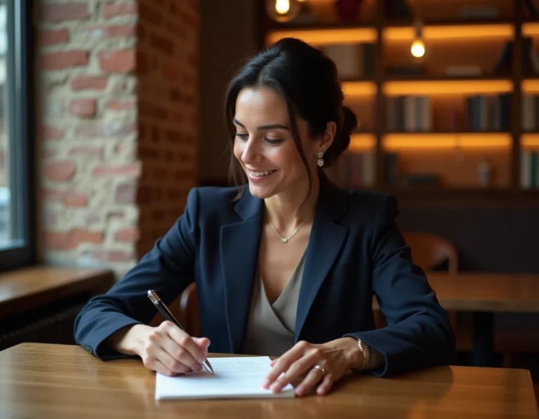 Femme journaliste élégante dans un café parisien, illustrant la vie privée de Margot Haddad