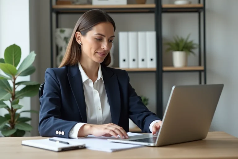Femme professionnelle consultant les mentions légales d'un site web de décoration intérieure sur son ordinateur portable dans un bureau moderne