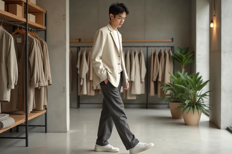 Personne aux traits androgynes portant un blazer oversize en lin et un pantalon large dans une boutique de mode non-genrée au décor minimaliste