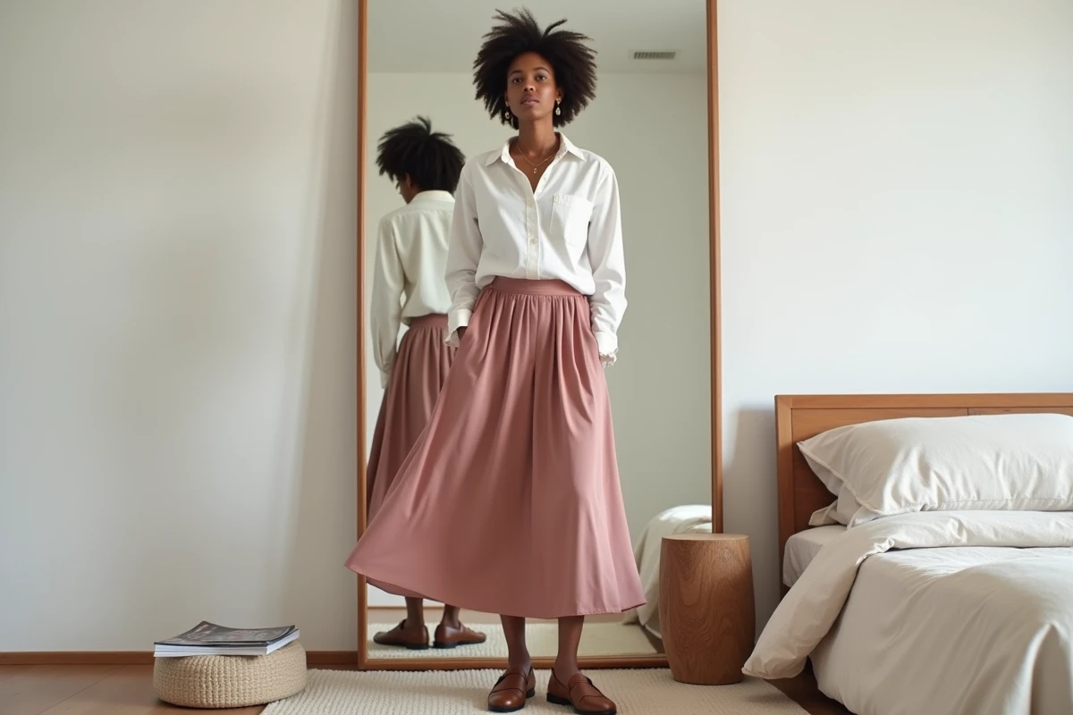 Personne aux cheveux courts portant une jupe midi fluide rose et une chemise oversize blanche devant un miroir dans une chambre minimaliste, illustrant le style vestimentaire non-genré au quotidien