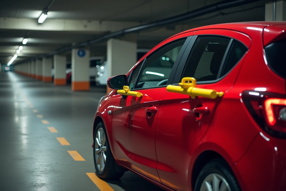 Opel Corsa rouge protégée par un antivol de volant dans un parking souterrain résidentiel