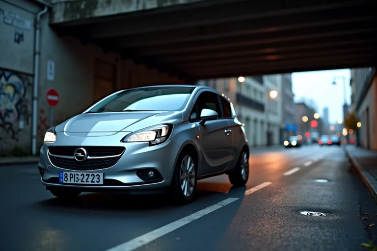 Opel Corsa garée seule dans une rue urbaine déserte, voiture compacte exposée au risque de vol