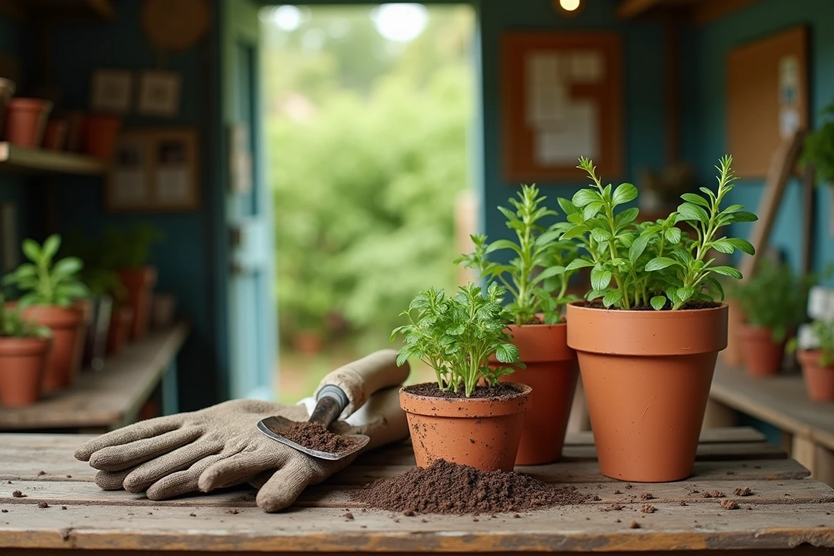 Outils de jardinage et plants d'herbes aromatiques posés sur un établi de rempotage en bois rustique
