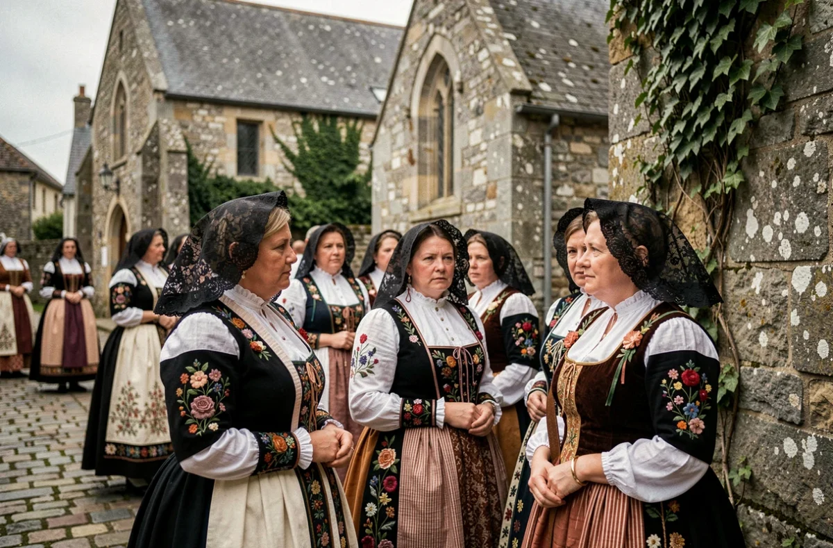 Femmes en costume traditionnel breton lors d'un pardon religieux dans un village médiéval