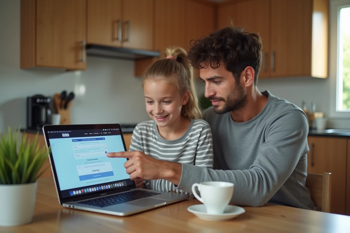 Parent et adolescent consultant ensemble les conditions d'abonnement Basic-Fit jeune sur un ordinateur à la maison