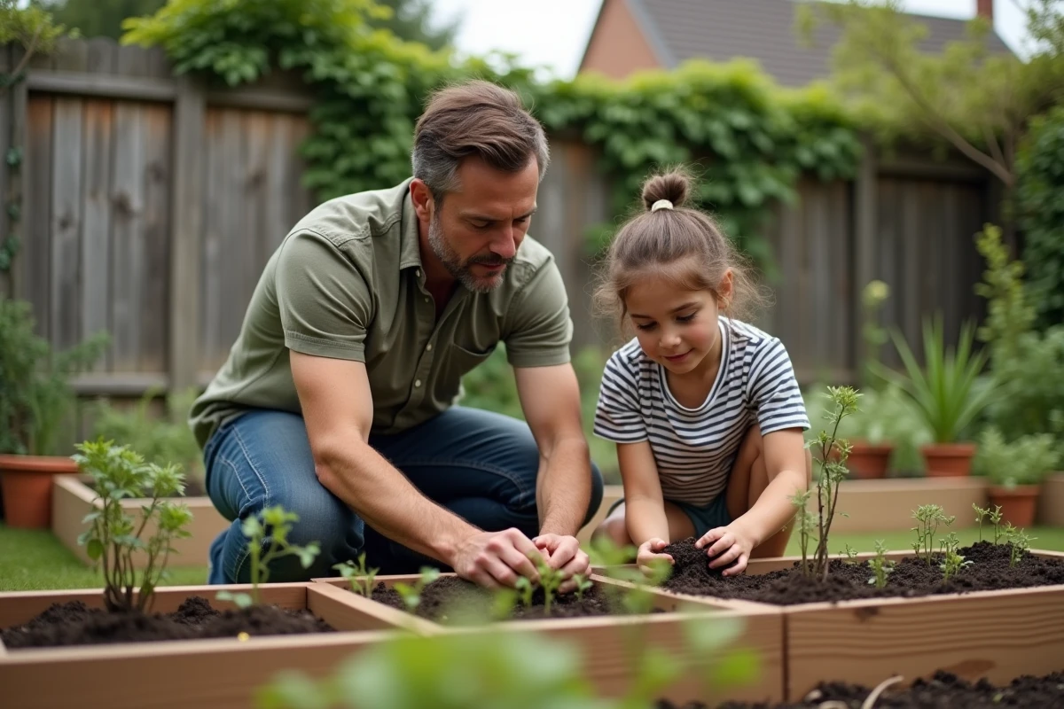 Père et fille adolescente jardinent ensemble dans un jardin familial, activité complice en plein air