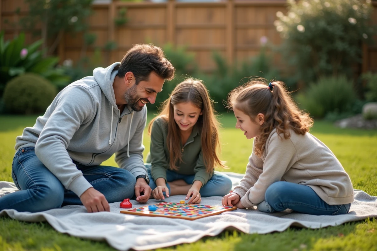 Père jouant à un jeu de société avec ses enfants adolescents dans un jardin familial ensoleillé