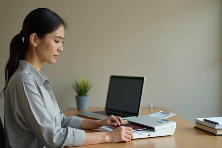 Femme faisant une photocopie de passeport sur un scanner de bureau dans un environnement professionnel