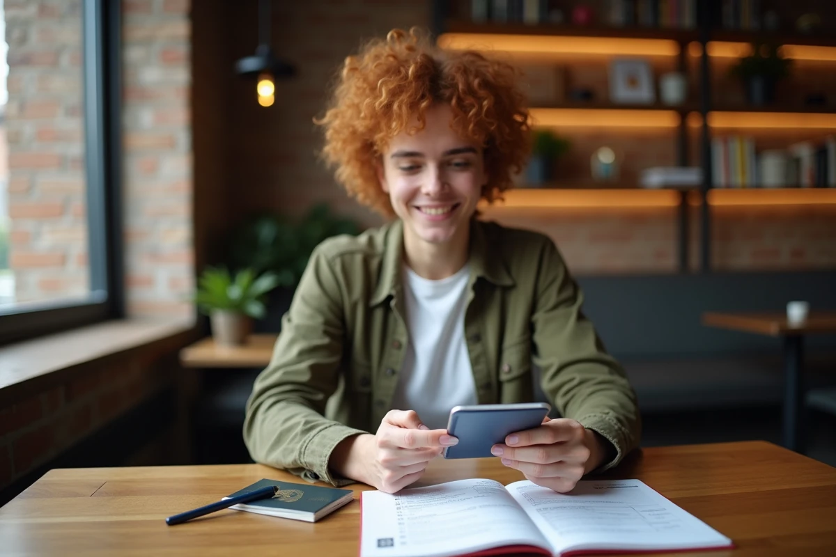 Personne photographiant son passeport avec un smartphone sur une table en bois dans un espace de co-working