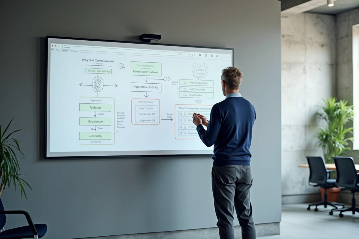 Un homme présente un schéma de navigation de site web sur un tableau numérique mural