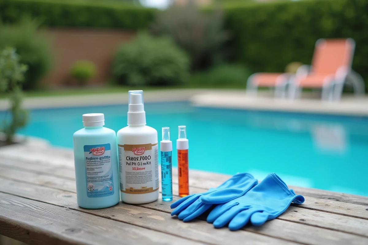 Gros plan sur du chlore, du clarifiant et un kit de test pH posés sur une table de jardin en bois avec piscine en arrière-plan flou
