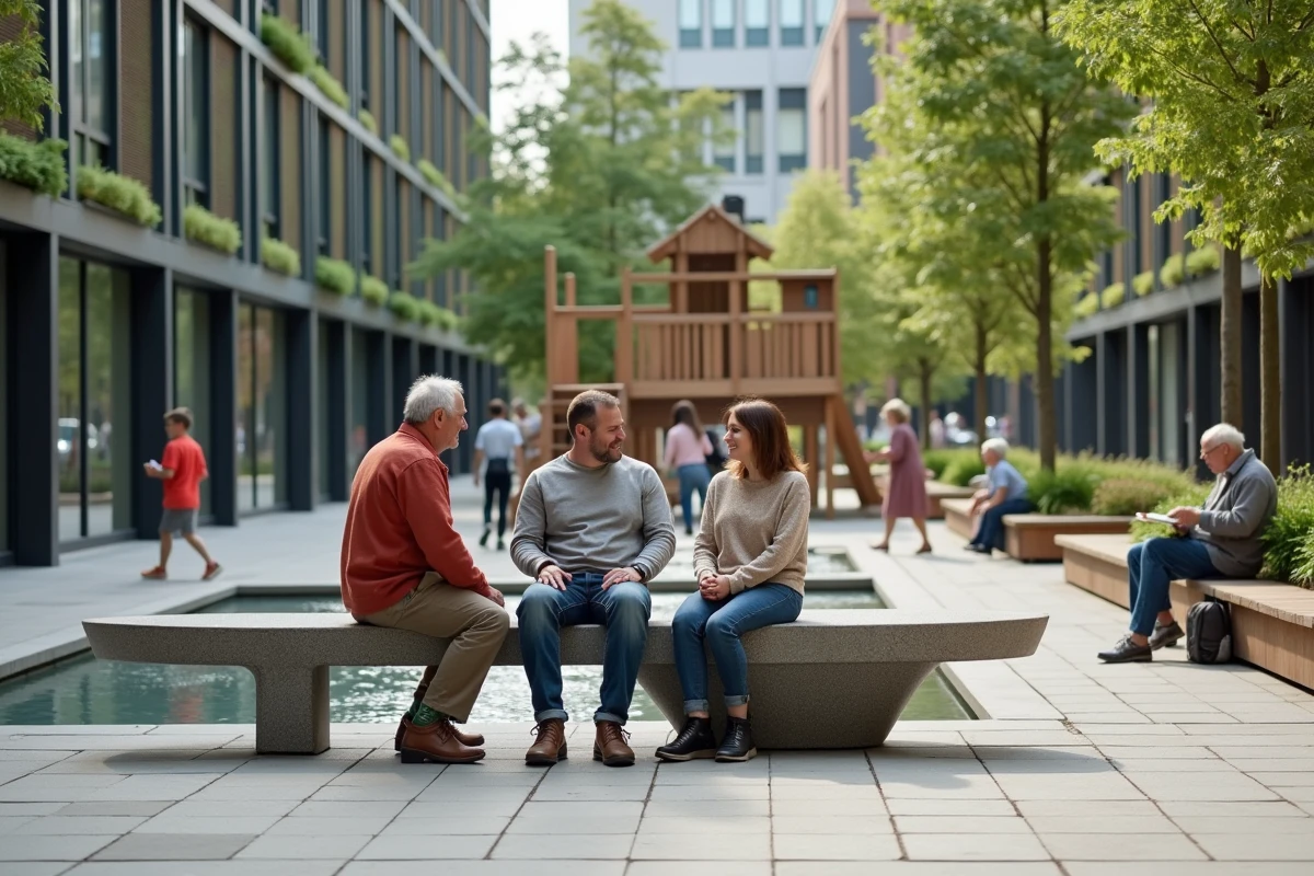 Groupe de résidents discutant sur un banc design dans une place de quartier réaménagée avec végétalisation urbaine