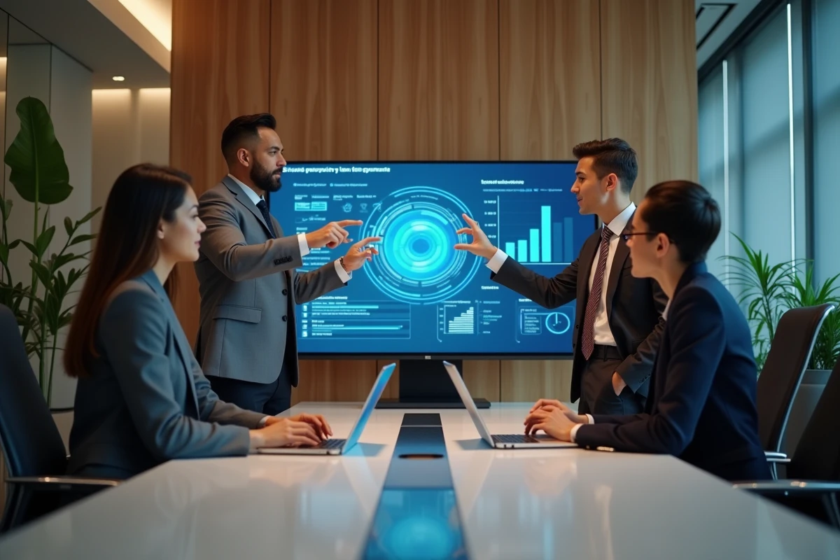 Groupe de collègues collaborant autour d’un écran interactif