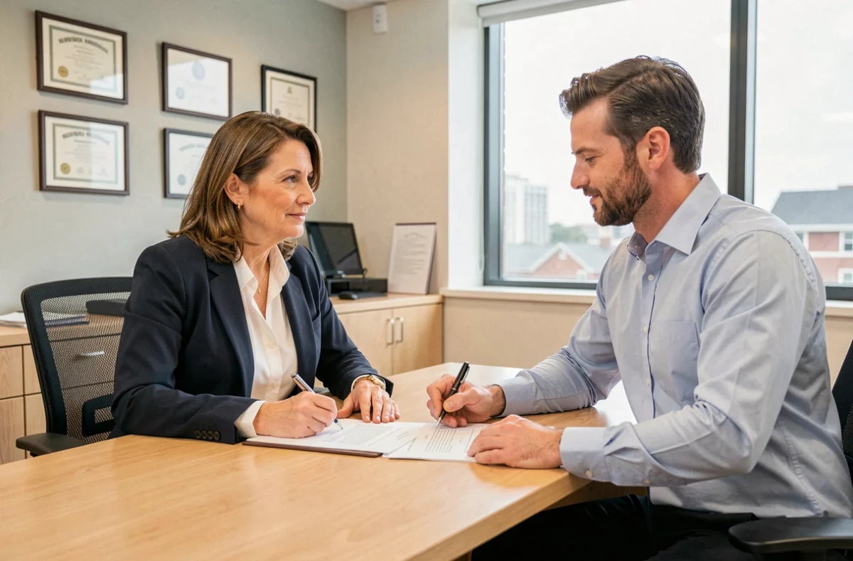 Signature d'un acte de vente sèche entre vendeur et acheteur dans un bureau notarial moderne