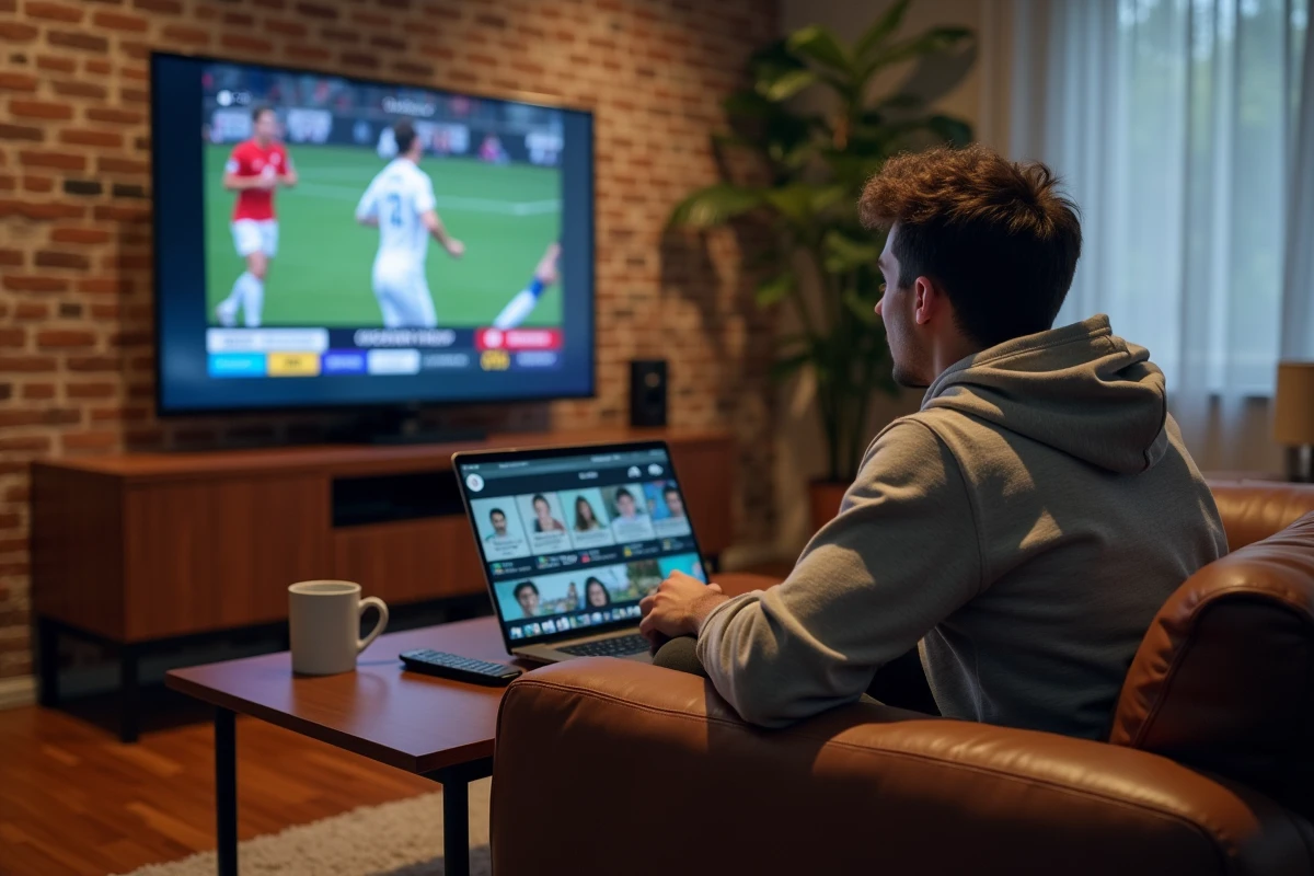 Homme regardant du sport en streaming sur TV et ordinateur portable depuis son salon