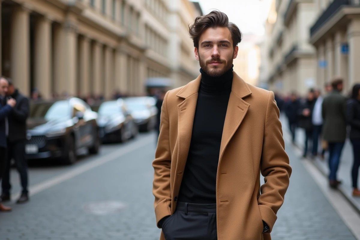 Street style masculin lors de la fashion week de Milan avec un rédacteur de mode en manteau camel devant un palazzo néoclassique