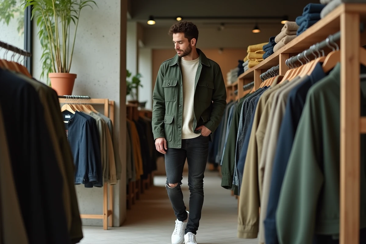 Homme stylé en veste utilitaire verte feuilletant des vêtements dans un concept store moderne aux murs en béton