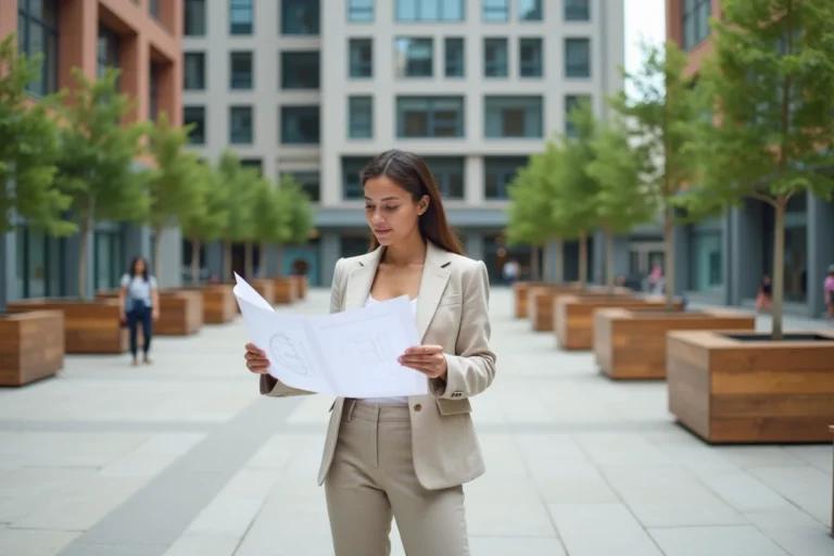 Urbaniste femme analysant les plans d'un espace public redessiné au cœur d'une ville européenne moderne