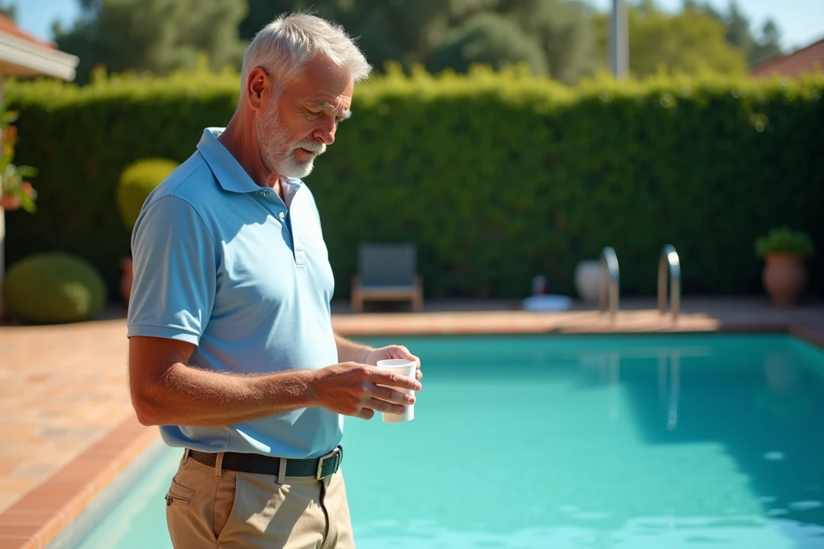 Homme ajoutant du clarifiant liquide dans une piscine extérieure ensoleillée avec eau turquoise et dallage en terre cuite