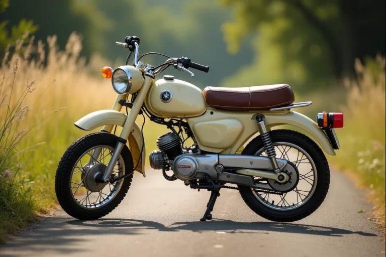 Yamaha Chappy 125 vintage garé sur une route de campagne entourée de végétation naturelle, vue en trois quarts avant